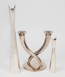 CHRISTOFLE French silver plated twin branch candelabra designed by GIO PONTI, together with two "Cardinali" candlesticks designed by LINO SABATTINI, (3 items), the largest 37cm high