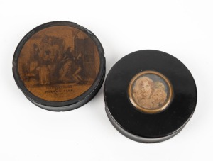 Two Georgian circular snuff boxes, one with miniature embroidered pictorial vignette, the other titled "PICKWICK CLUB", 19th century, the larger 9cm diameter