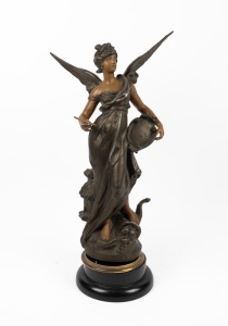 An antique cast and painted spelter statue of an angel, mounted on turned ebonized timber base, 19th century, ​​​​​​​70cm high