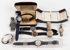 Assorted vintage wristwatches including an automatic BUCHERER, OMEGA "DE VILLE" ELECTRONIC, SWATCH, and a 9ct gold tiepin, (9 items)
