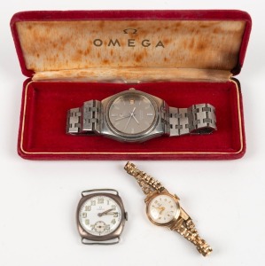 OMEGA silver cased vintage wristwatch, TUDOR gold cased lady's wristwatch, OMEGA "SEAMASTER" quartz wristwatch, plus an OMEGA branded box, (4 items)