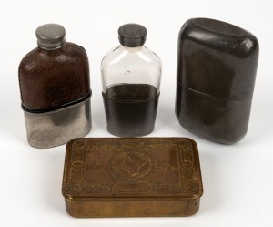 &nbsp;WW1 Christmas 1914 gift tin, paid for by the&nbsp;Soldiers and Sailors Christmas Fund&nbsp;organised by Princess Mary and given to troops on the front lines; together with three assorted antique pewter mounted hipflasks, (4 items), ​​​​​​​the tin 13cm wide