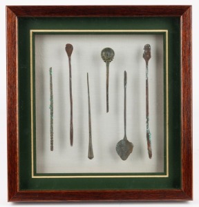 Greco-Roman&nbsp;collection of six medical instruments, framed as one for display, 31 x 33cm overall