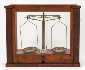 Antique scientific balance scales in timber case, 19th/20th century, 41cm high, 49cm wide, 20cm deep