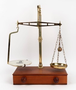 AVERY antique scales with drawer base and porcelain pan, 66cm high