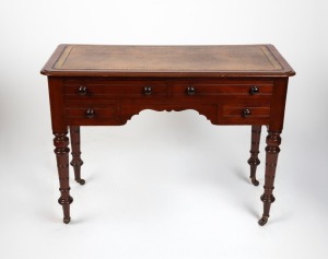 An antique English mahogany four drawer writing desk with hand-coloured leather writing insert, circa 1890, 77cm high, 106cm wide, 48cm deep