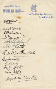 1933 WEST INDIES TEAM, "Lord's Cricket Ground, London NW8" letterhead with 12 signatures including Jackie Grant (captain), George Headley (known as the black Bradman), Herman Griffith & Manny Martindale. Fair/Good condition.