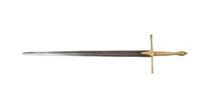Broad sword with brass hilt in the Medieval style, most likely a 19th century reproduction, 117cm long