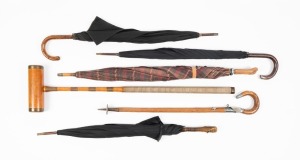 Four vintage umbrellas, together with a shooting stick and a vintage croquet mallet, 19th and 20th century, (6 items), the mallet 101cm long