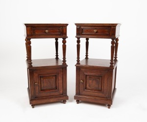 A pair of antique French oak bedside cabinets, white marble tops with single drawer and&nbsp;cupboard door storage, late 19th century, 82cm high, 39cm wide, 39cm deep