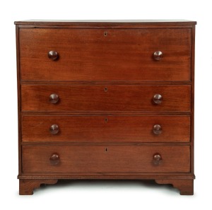 An antique Colonial Australian cedar secretaire chest of four drawers, circa 1845. With cock-beaded decoration and casuarina veneered drawer blades, triple reeded top and base mouldings standing on bracket feet. Well fitted interior with pigeonhole compar