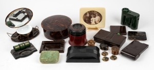Assorted bakelite and faux tortoise shell vanity ware, shaving set, picture frame, boxes, buttons, etc, (19 items)