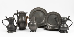 Antique pewter plates and jugs, including a very attractive deer antler handled example, 19th/20th century, (12 items), the largest jug 27cm high