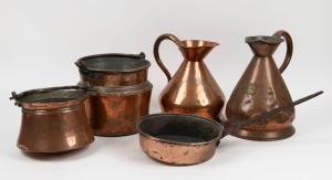 Two antique copper one gallon measures; together with a frying pan and two cooking pots, 19th century, (5 items), the larger measure 31cm high