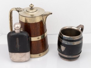 A silver plated antique hip flask by James Dixon & Sons; together with a silver plated coopered oak jug with ceramic lining, and an unusual presentation ebonised and coopered silver plated pint tankard, 19th century, (3 items), the largest 24cm high