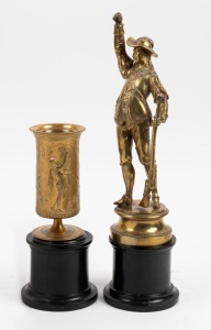 An antique gilt bronze statue of a solider (incomplete), together with an antique French gilt bronze challis and an attractive pair of antique Belgian black slate plinths, 19th century, (4 items), the solider 32cm high