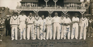 1936 H.D.G.LEVESON-GOWER'S XI, triple-postcard showing team photograph with 10 signatures including Brian Sellars, Herbert Sutcliffe & Patsy Hendren.