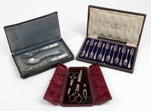 A boxed sterling silver cutlery setting for one, comprising of a fork, spoon and knife with attractively carved mother of pearl handles; together with a boxed set of twelve antique English silver plated cake forks and a boxed set of three scissors, 19th/20th century, (3 items)