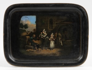An antique English toll ware tray, attractively decorated with village scene, circa 1830, ​​​​​​​41cm wide