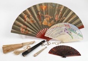 Six assorted antique and vintage fans including attractive Spanish example, carved mother of pearl, tortoiseshell and silk,&nbsp;mixed vintages and condition, the largest 68cm wide