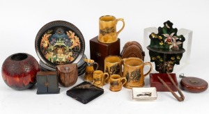 Collector plates, pokerwork vase, porcelain mugs, papier-m&acirc;ch&eacute; bracket, timber box, instrument boxes, nutcracker etc., (qty)