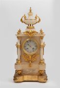 A fine&nbsp;quality antique French mantle clock in alabaster case with turned columns and gilt ormolu mounts resting on original shaped carved and gilt timber base, eight day time and strike movement with Roman numerals, 19th century, 51cm high overall
