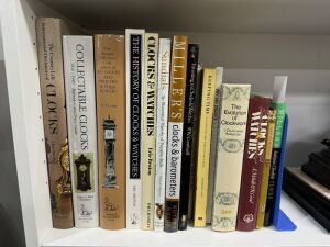 HOROLOGY REFERENCE: A selection of antique clock and watch collector reference books, including Britten "Old Clocks & Watches & their Makers", Bruton "Clocks & Watches", Lebet "Living on Air - History of the Atmos Clock" and several others, (15); mainly hardcover.