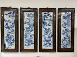 Set of four Chinese blue and white porcelain panels in timber frames, 20th century, 89 x 34cm each overall