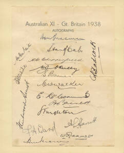 1938 AUSTRALIAN TEAM, official team sheet with 17 signatures including Don Bradman, Stan McCabe, Sid Barnes (scarce) & Lindsay Hassett. G/VG condition. Good example of Australia's first official team sheet. Together with sepia supplement "The Australian T