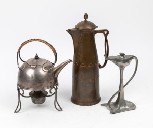 An antique silver plated Arts & Crafts spirit kettle on stand, together with a German pewter Art Nouveau table cigar lighter and a W.M.F. German copper water pot, 19th/20th century, (3 items). the largest 35cm high