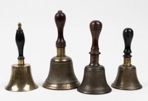 Four assorted antique bells with turned timber and ebony handles, 19th century, the largest 19.5cm high