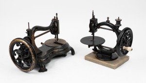 Two antique hand cranked boot maker's sewing machines, 19th century, ​​​​​​​the larger 40cm wide