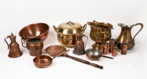 Assorted antique and vintage copper and brass cookware, measures and jugs, 19th and 20th century, (14 items), the largest 25cm high
