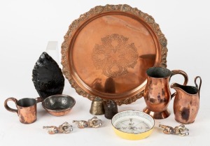 Antique and vintage copper measures, weights, plaque, silver plated cherub stands, obsidian axe head and an unusual enamel compass float bowl, mixed origins and vintages, (13 items), the plaque 46cm diameter