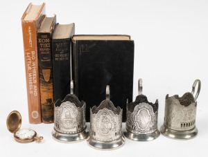 WALTHAM antique gold plated pocket watch, four Russian white metal tea glass holders, and four assorted books, (9 items)