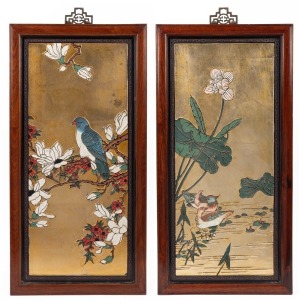 A pair of Chinese panels with bird and floral decoration on gilt background, 20th century, 61 x 31cm each overall