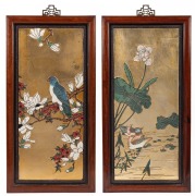 A pair of Chinese panels with bird and floral decoration on gilt background, 20th century, 61 x 31cm each overall