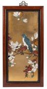 A pair of Chinese panels with bird and floral decoration on gilt background, 20th century, 61 x 31cm each overall - 2
