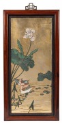 A pair of Chinese panels with bird and floral decoration on gilt background, 20th century, 61 x 31cm each overall - 3