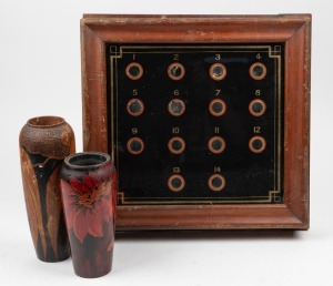 Antique room service indicator board; together with two Australian huon pine pokerwork vases, 19th and 20th century, (3 items), the largest 40cm high