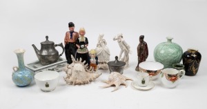 Novelty decanters, Art Nouveau&nbsp;pewter tea ware, jade bowl, Chinese ceramic bowl and two crystalline glazed pottery vases by David Williams, (qty)