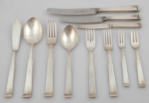 JUDAICA: A "Michsaf 100" silver-plated dinner service for six in a classic Art Deco style, circa 1940s, comprising of six eleven-piece settings of knives, forks and spoons (lacking one small cake knife), together with a comprehensive range of fish slices, salad servers, cake slices, sugar tongs, etc. (Total: 91 pieces).