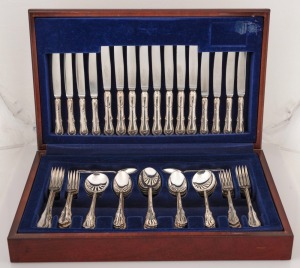 ELKINGTON "Modern Victorian" pattern sterling silver cutlery set for eight, made in Birmingham, circa 1963, housed in a canteen with valuation for $32,000. 2,508 grams silver weight (excluding knives)