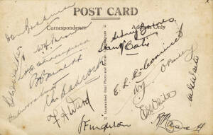 1938 AUSTRALIAN TEAM, postcard "Australian Team, 1938", with 16 signatures on reverse including Don Bradman, Lindsay Hassett, Sydney Barnes, Bill O'Reilly & Bill Brown. Fine condition.