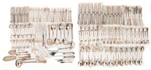 A sterling silver cutlery set for 12 places with a handsome selection of serving utensils to match, manufactured by Bruckmann, 20th century (186 pieces), stamped "Bruckmann Sterling Silver", silver weight (not including knives) 7088 grams