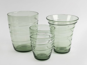WHITEFRIARS three English sea green glass vases with ribbon trail decoration, mid 20th century, the largest 22cm high