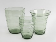 WHITEFRIARS three English sea green glass vases with ribbon trail decoration, mid 20th century, the largest 22cm high