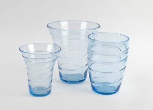 WHITEFRIARS&nbsp;three English sapphire blue&nbsp;glass vases with ribbon trail decoration, mid 20th century, the largest 20cm high