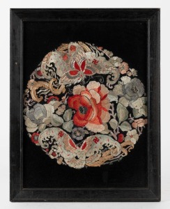 An antique Chinese needlework silk embroidery on black ground in ebonised timber frame, 19th century or earlier, ​​​​​​​46 x 36cm overall