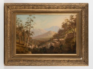 ARTIST UNKNOWN, (two figures in mountain landscape with waterfall), oil on board, dated lower left "1896", ​​​​​​​30 x 46cm, 47 x 64cm overall